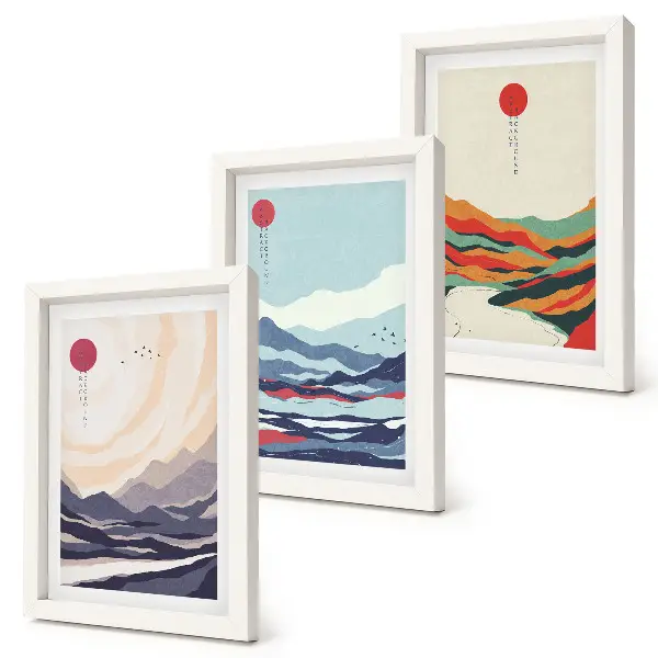 Conjunto de quadros decorativos com paisagens montanhosas no estilo abstrato japonês