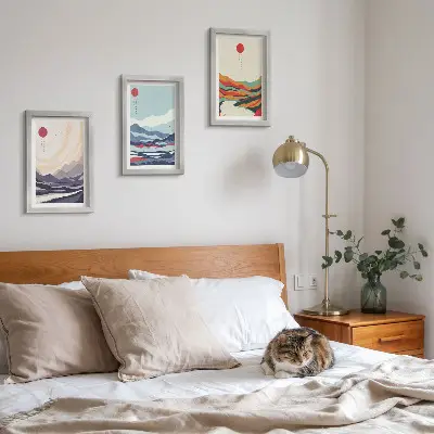 Conjunto de quadros decorativos com paisagens montanhosas no estilo abstrato japonês