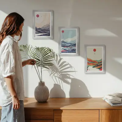 Conjunto de quadros decorativos com paisagens montanhosas no estilo abstrato japonês