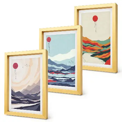 Conjunto de quadros decorativos com paisagens montanhosas no estilo abstrato japonês