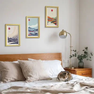Conjunto de quadros decorativos com paisagens montanhosas no estilo abstrato japonês