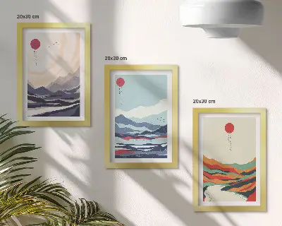 Conjunto de quadros decorativos com paisagens montanhosas no estilo abstrato japonês