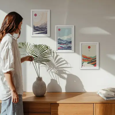Conjunto de quadros decorativos com paisagens montanhosas no estilo abstrato japonês
