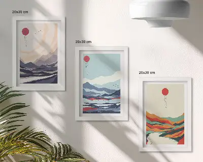 Conjunto de quadros decorativos com paisagens montanhosas no estilo abstrato japonês