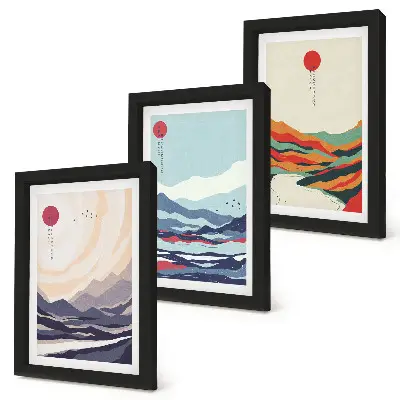 Conjunto de quadros decorativos com paisagens montanhosas no estilo abstrato japonês