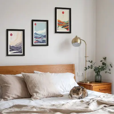 Conjunto de quadros decorativos com paisagens montanhosas no estilo abstrato japonês