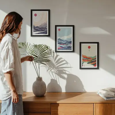 Conjunto de quadros decorativos com paisagens montanhosas no estilo abstrato japonês