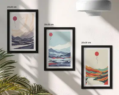 Conjunto de quadros decorativos com paisagens montanhosas no estilo abstrato japonês
