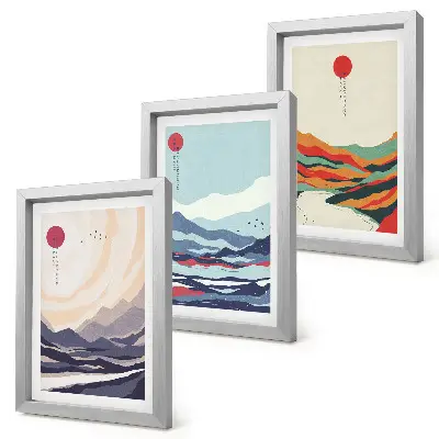 Conjunto de quadros decorativos com paisagens montanhosas no estilo abstrato japonês