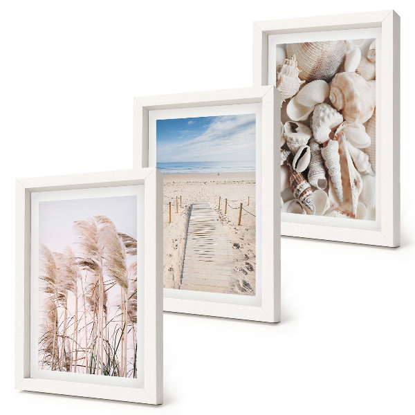 Tríptico com moldura Praia de areia com conchas e ervas marinhas.