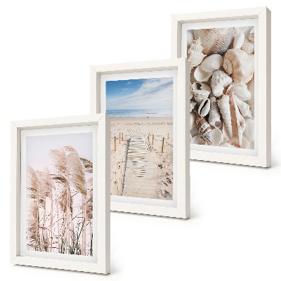 Tríptico com moldura Praia de areia com conchas e ervas marinhas.
