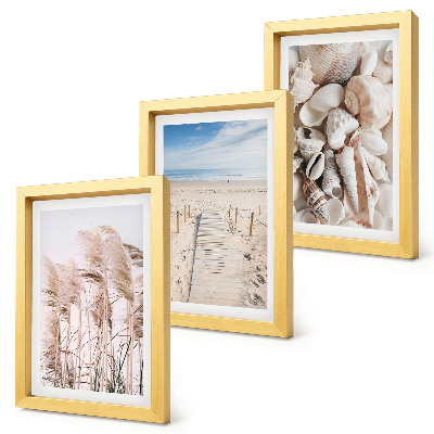 Tríptico com moldura Praia de areia com conchas e ervas marinhas.