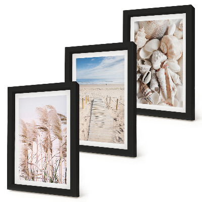 Tríptico com moldura Praia de areia com conchas e ervas marinhas.