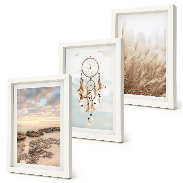 Conjunto de 3 quadros decorativos com vista para o mar, nuvens, apanhador de sonhos e grama