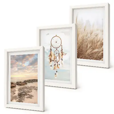 Conjunto de 3 quadros decorativos com vista para o mar, nuvens, apanhador de sonhos e grama