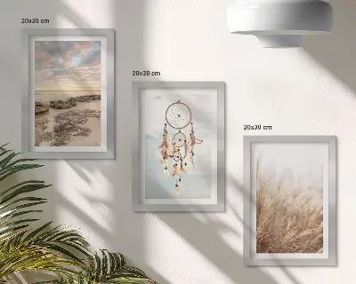 Conjunto de 3 quadros decorativos com vista para o mar, nuvens, apanhador de sonhos e grama
