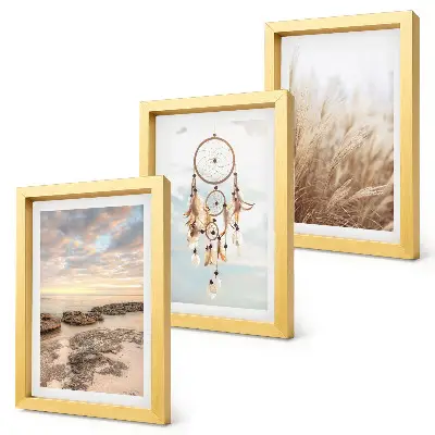 Conjunto de 3 quadros decorativos com vista para o mar, nuvens, apanhador de sonhos e grama