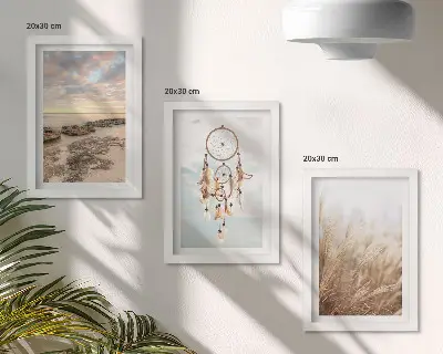 Conjunto de 3 quadros decorativos com vista para o mar, nuvens, apanhador de sonhos e grama