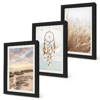 Conjunto de 3 quadros decorativos com vista para o mar, nuvens, apanhador de sonhos e grama
