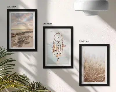 Conjunto de 3 quadros decorativos com vista para o mar, nuvens, apanhador de sonhos e grama