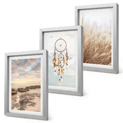 Conjunto de 3 quadros decorativos com vista para o mar, nuvens, apanhador de sonhos e grama