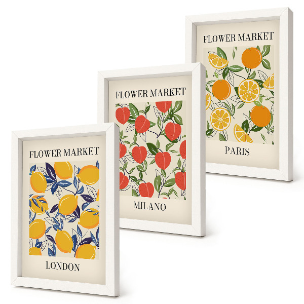 Tríptico com moldura Cartazes florais em Londres, Milão e Paris