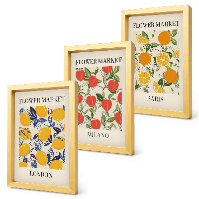 Tríptico com moldura Cartazes florais em Londres, Milão e Paris
