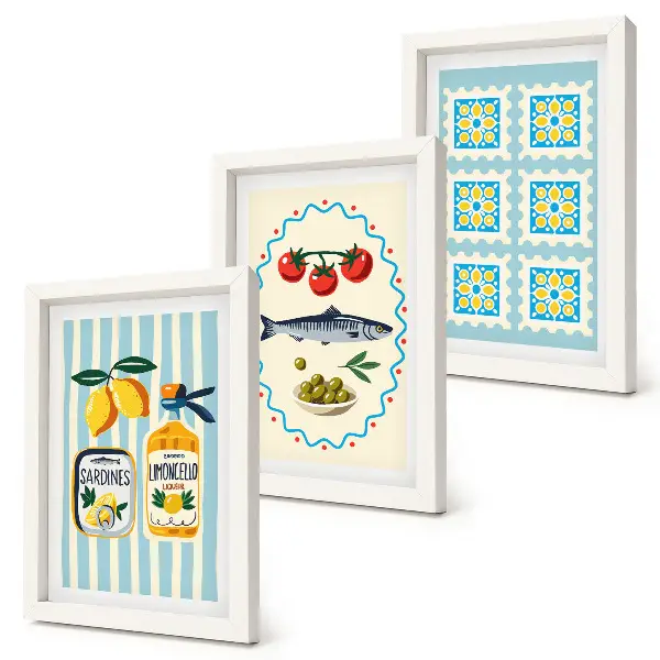 Conjunto de 3 quadros decorativos com ilustrações de cozinha em estilo mediterrâneo
