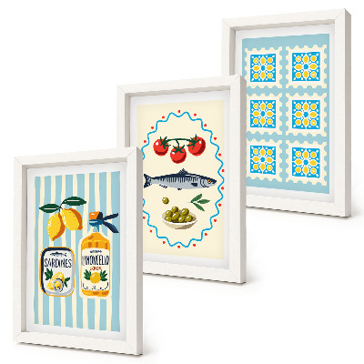 Conjunto de 3 quadros decorativos Ilustrações de cozinha em estilo mediterrâneo