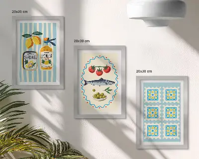 Conjunto de 3 quadros decorativos com ilustrações de cozinha em estilo mediterrâneo