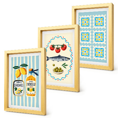 Conjunto de 3 quadros decorativos Ilustrações de cozinha em estilo mediterrâneo