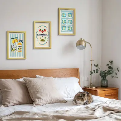 Conjunto de 3 quadros decorativos com ilustrações de cozinha em estilo mediterrâneo