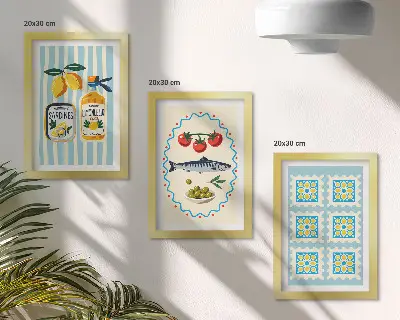 Conjunto de 3 quadros decorativos com ilustrações de cozinha em estilo mediterrâneo
