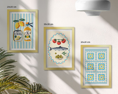 Conjunto de 3 quadros decorativos Ilustrações de cozinha em estilo mediterrâneo