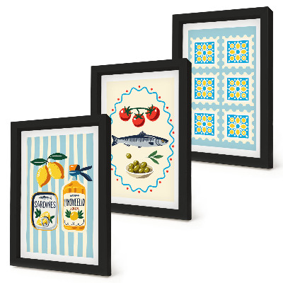 Conjunto de 3 quadros decorativos Ilustrações de cozinha em estilo mediterrâneo