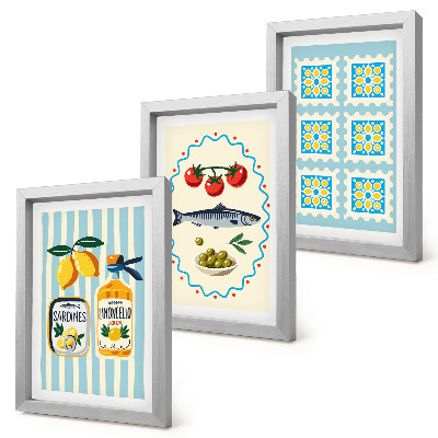 Conjunto de 3 quadros decorativos Ilustrações de cozinha em estilo mediterrâneo