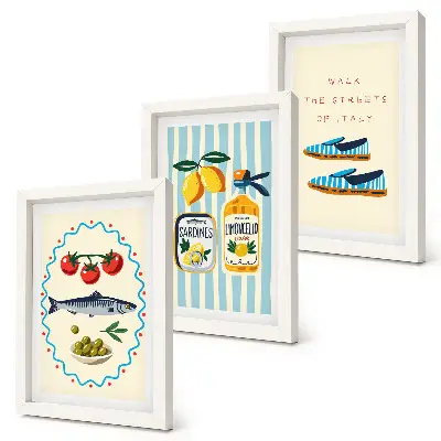 Conjunto de quadros com imagens estilo de vida e sabores italianos em fotos coloridas