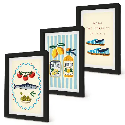 Conjunto de quadros com imagens estilo de vida e sabores italianos em fotos coloridas