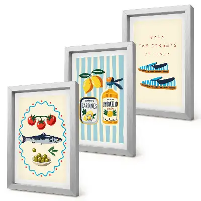 Conjunto de quadros com imagens estilo de vida e sabores italianos em fotos coloridas
