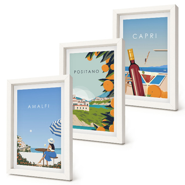 Conjunto de 3 quadros decorativos Vistas de férias de Amalfi, Positano e Capri