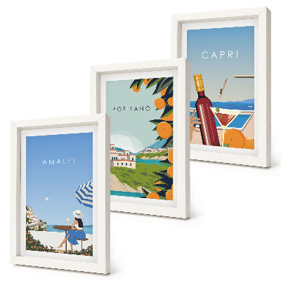 Conjunto de 3 quadros decorativos Vistas de férias de Amalfi, Positano e Capri