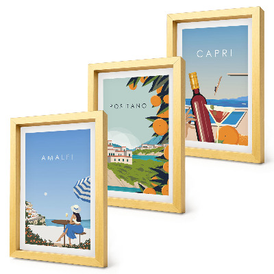Conjunto de 3 quadros decorativos Vistas de férias de Amalfi, Positano e Capri