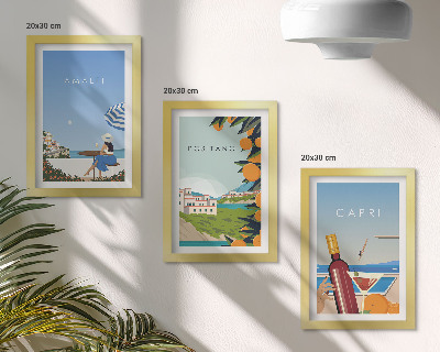 Conjunto de 3 quadros decorativos Vistas de férias de Amalfi, Positano e Capri