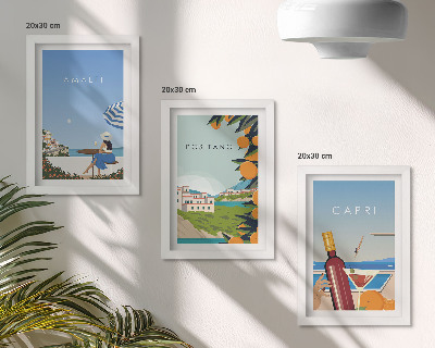 Conjunto de 3 quadros decorativos Vistas de férias de Amalfi, Positano e Capri