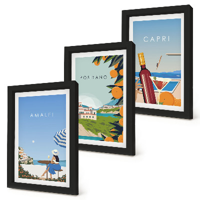 Conjunto de 3 quadros decorativos Vistas de férias de Amalfi, Positano e Capri