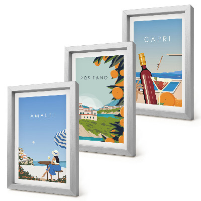 Conjunto de 3 quadros decorativos Vistas de férias de Amalfi, Positano e Capri
