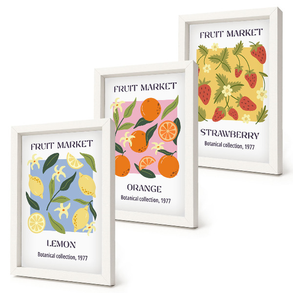 Conjunto de molduras com imagens Cartazes de frutas com limões, laranjas e morangos.