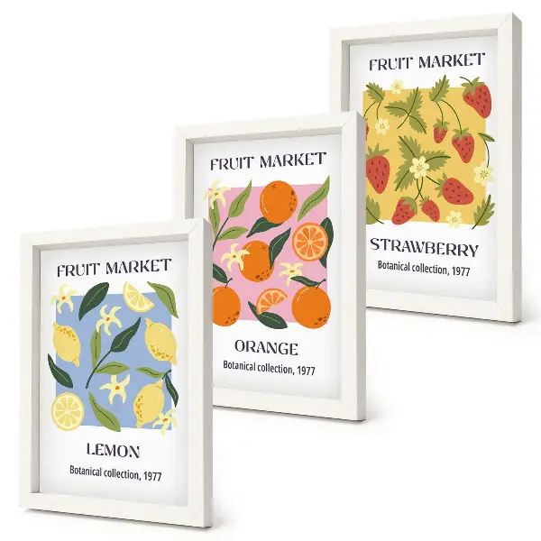 Conjunto de quadros com imagens de frutas com limões, laranjas e morangos