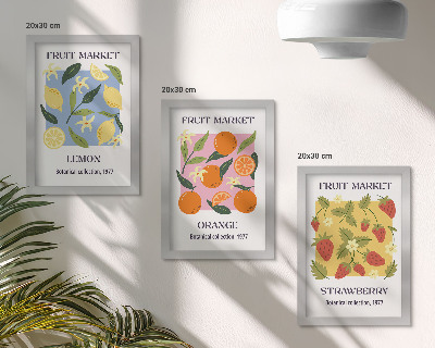 Conjunto de molduras com imagens Cartazes de frutas com limões, laranjas e morangos.
