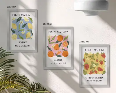 Conjunto de quadros com imagens de frutas com limões, laranjas e morangos